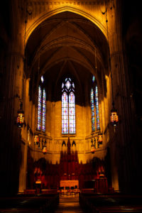 The chapel’s interior holds soaring ceilings.