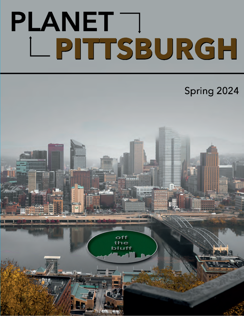 The cover of the 2024 issue of Off the Bluff, an image of Pittsburgh's skyline with grey and cloudy skies behind it.