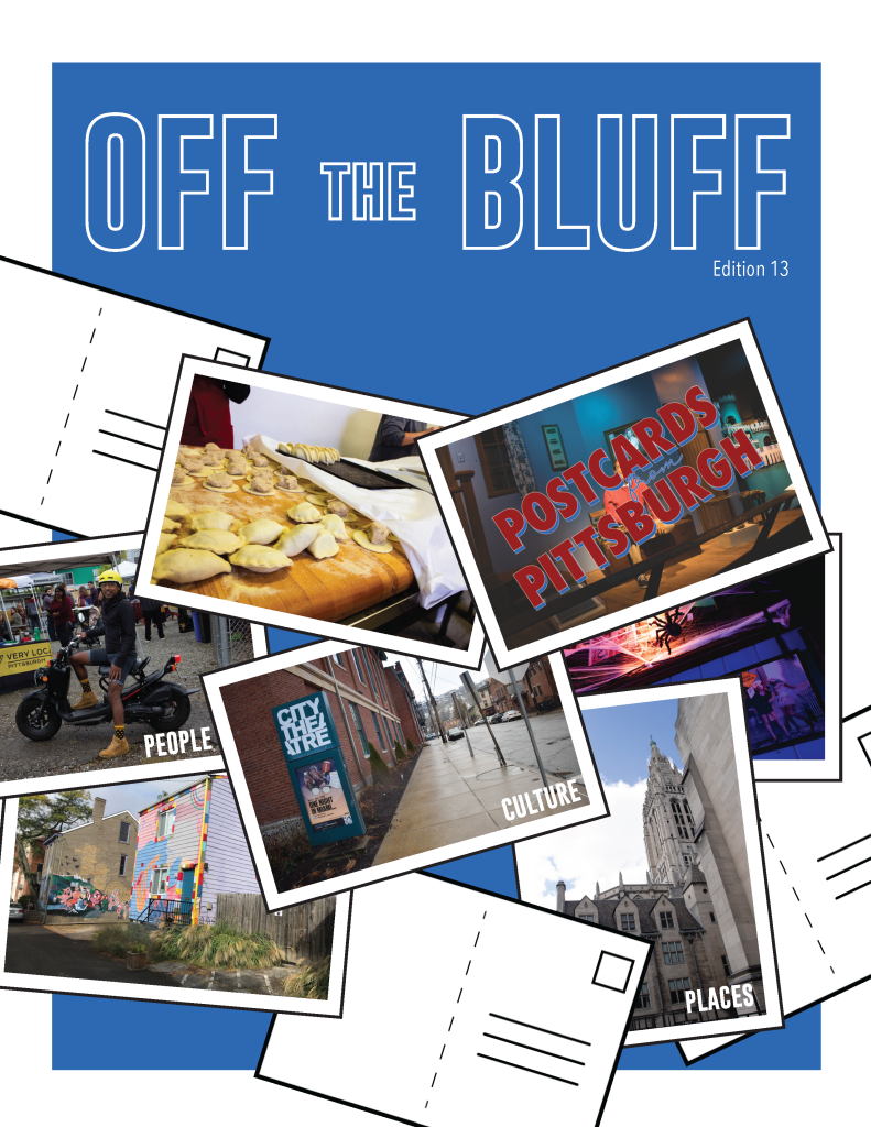 The cover of Postcards Pittsburgh. A collage made of postacrds featuring different images of the city.